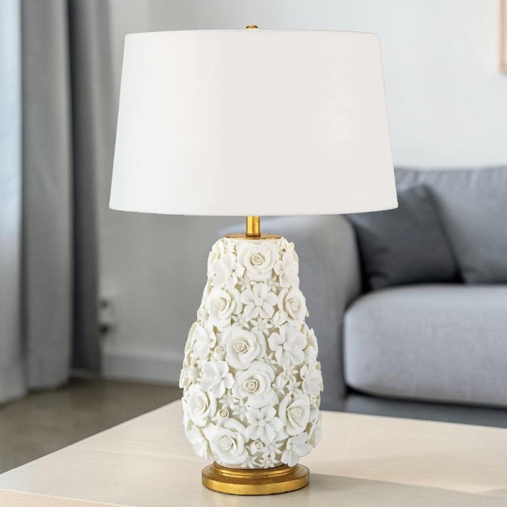 Floral Porcelain, Table Lamps with White Ceramic Base and Linen Shade