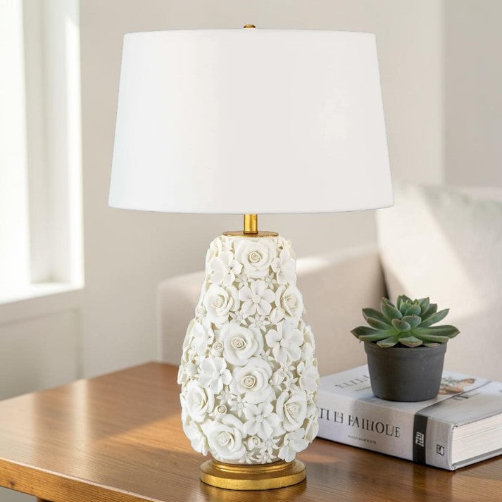 Floral Porcelain, Table Lamps with White Ceramic Base and Linen Shade