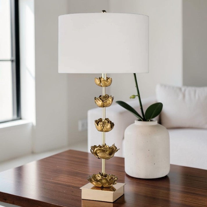 Gold Floral Table Lamps with Linen Drum Shade