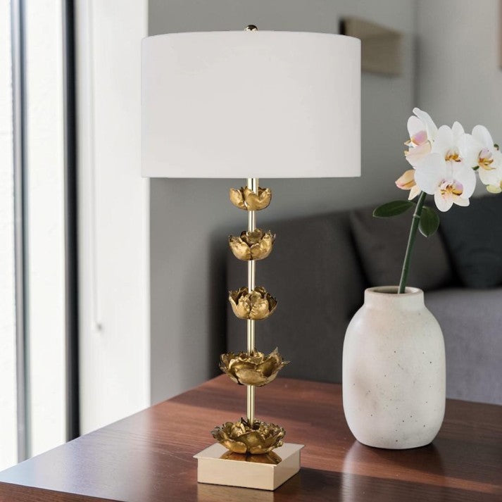 Gold Floral Table Lamps with Linen Drum Shade