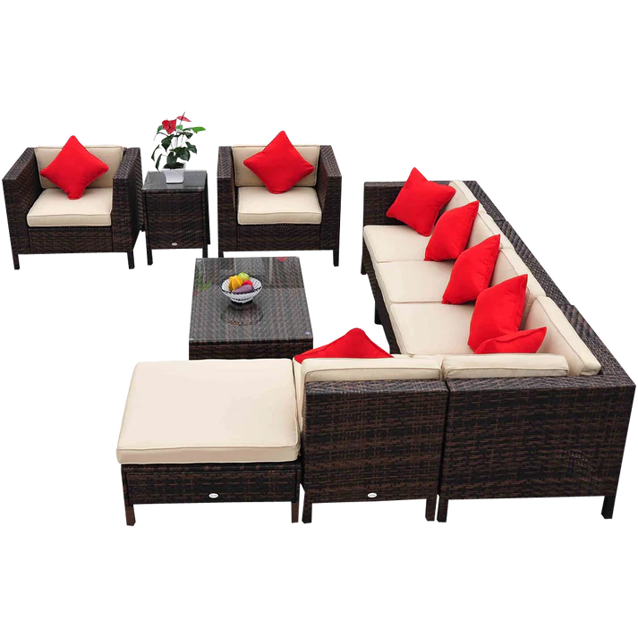 Outdoor Patio, Wicker Sectional Sofa Set with Coffee Table and Chairs, 9 Piece Seating Set