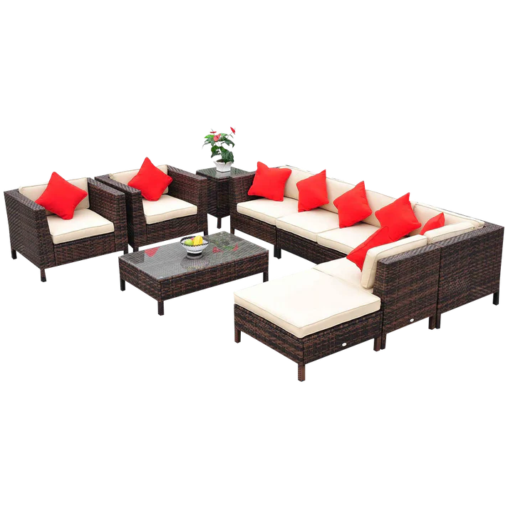 Outdoor Patio, Wicker Sectional Sofa Set with Coffee Table and Chairs, 9 Piece Seating Set