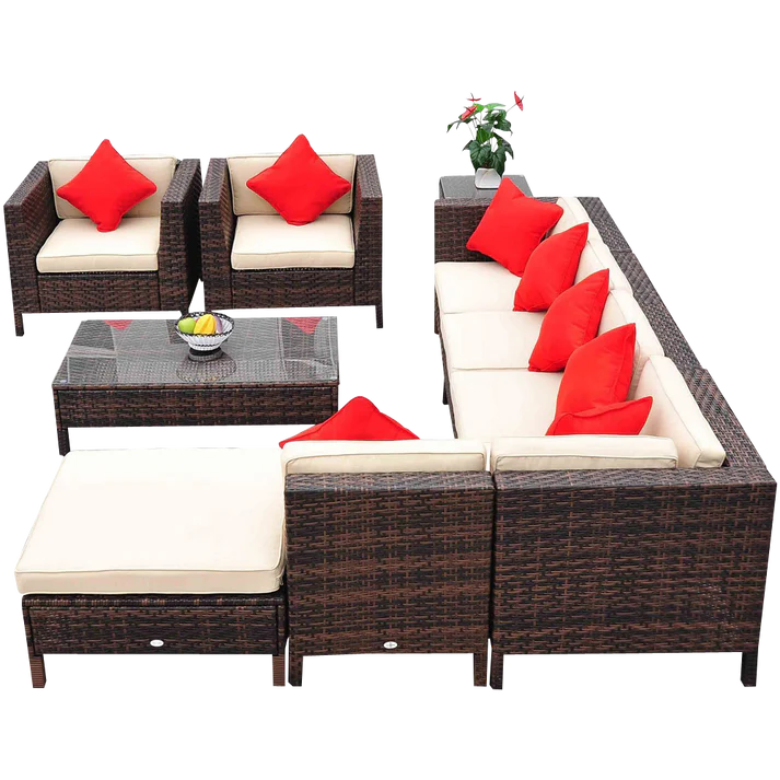 Outdoor Patio, Wicker Sectional Sofa Set with Coffee Table and Chairs, 9 Piece Seating Set