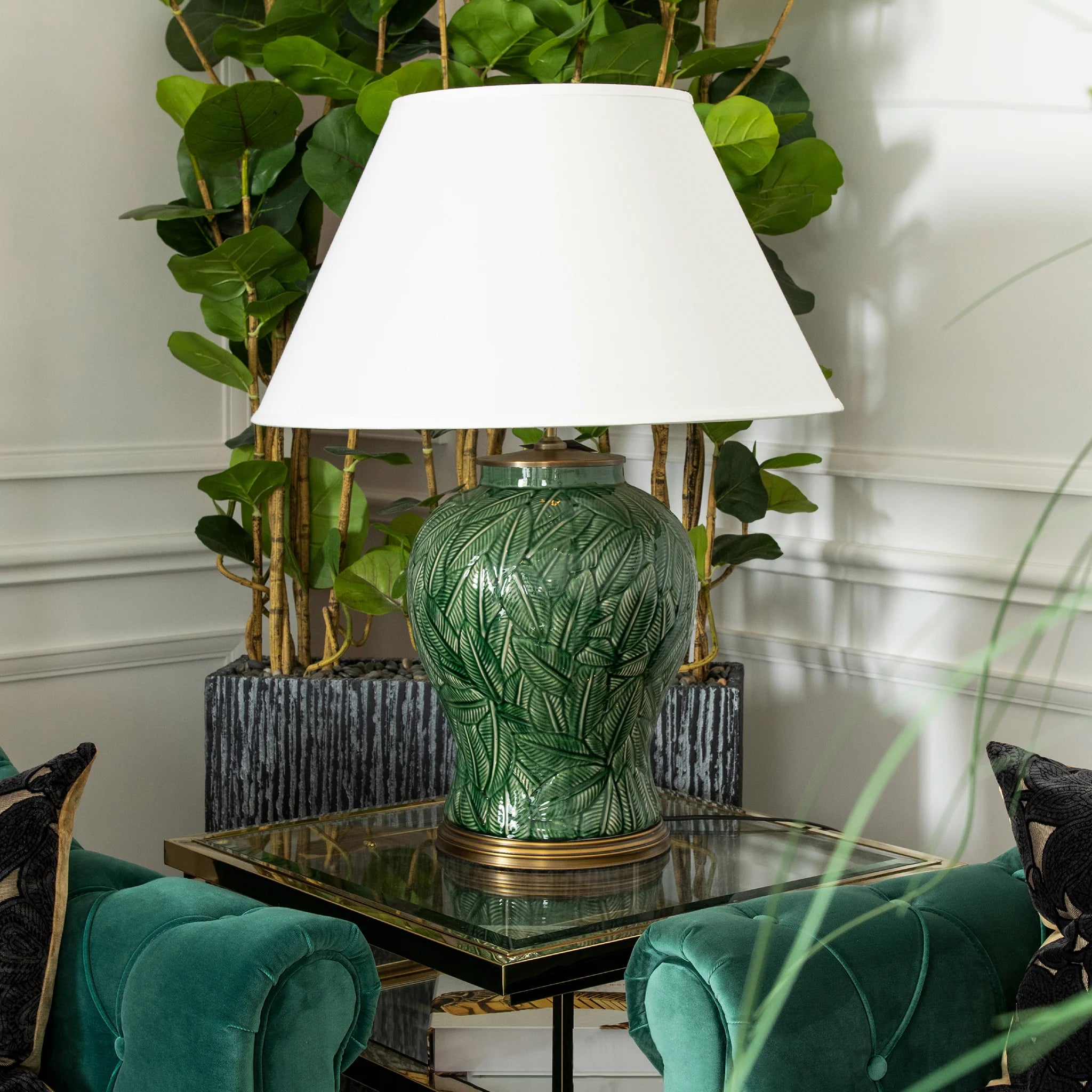 Botanical Green, Ceramic Table Lamps with Leaf Pattern Base