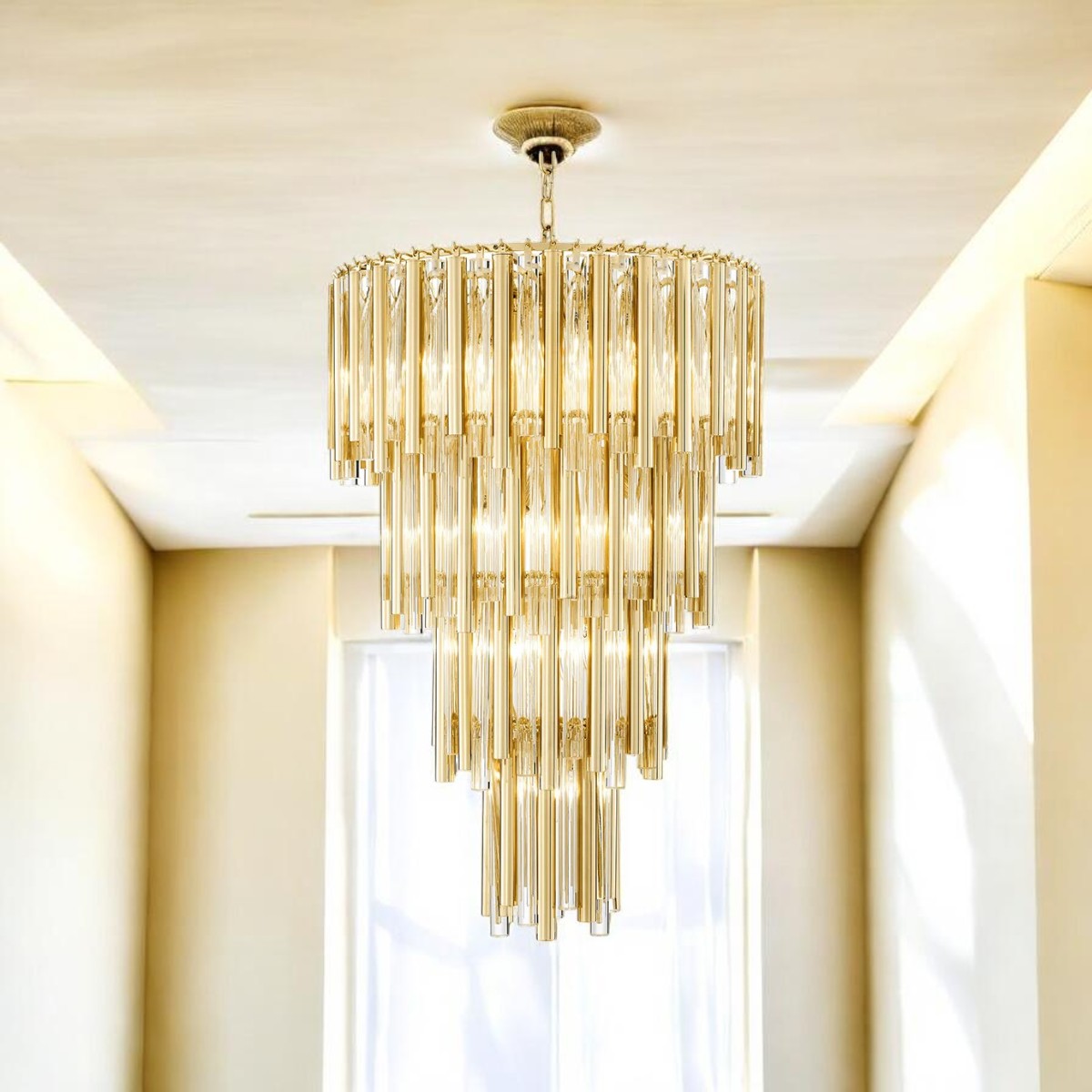 Ceiling Light Chandelier with Gold Finish Frame and Clear Glass Rods