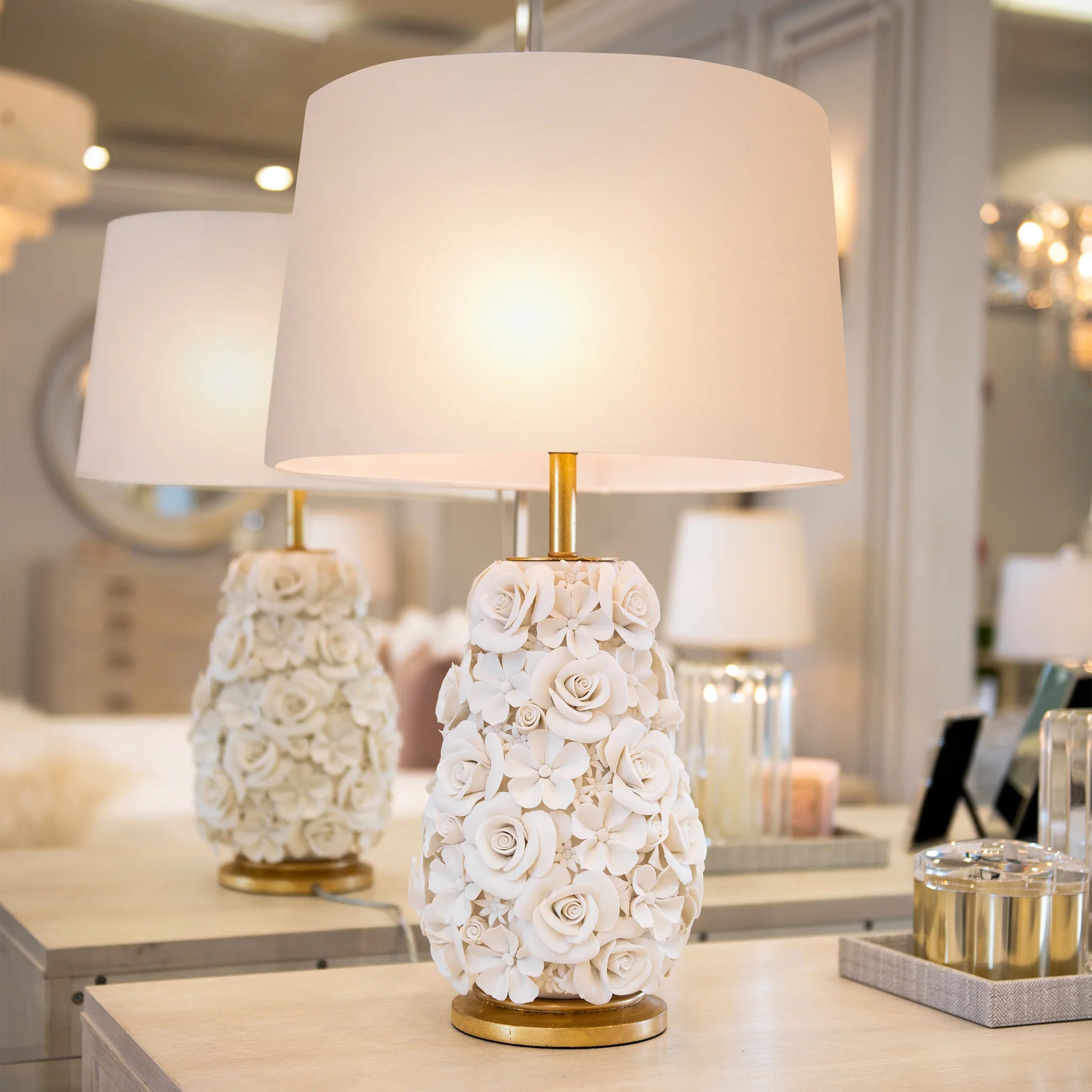 Floral Porcelain, Table Lamps with White Ceramic Base and Linen Shade