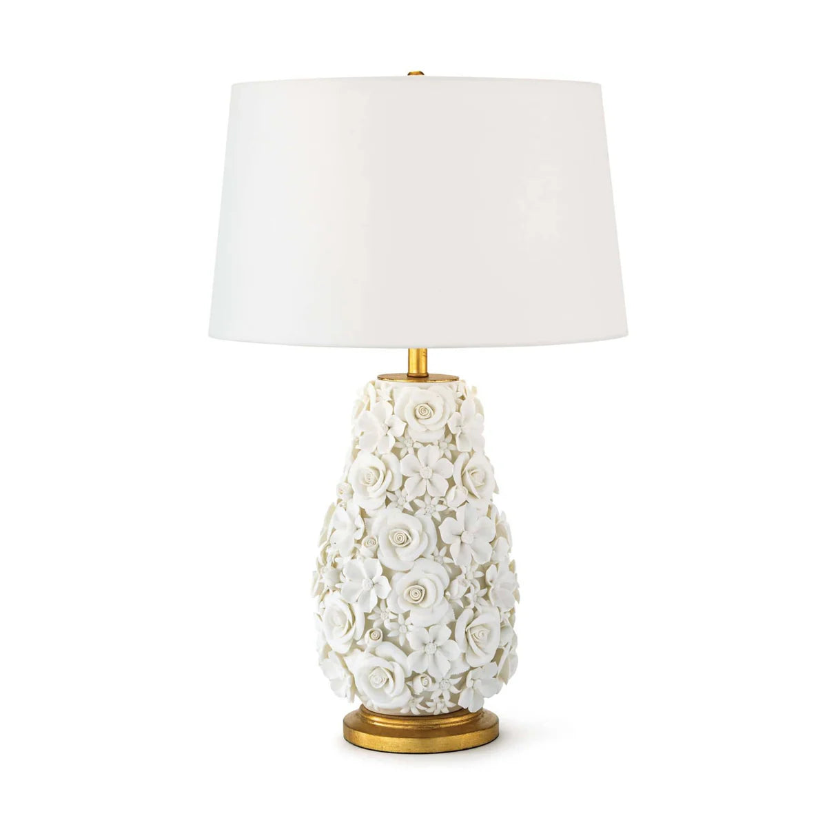 Floral Porcelain, Table Lamps with White Ceramic Base and Linen Shade