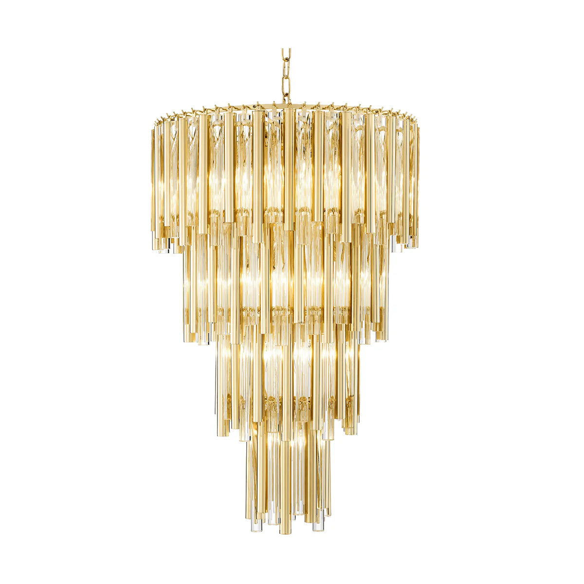 Ceiling Light Chandelier with Gold Finish Frame and Clear Glass Rods