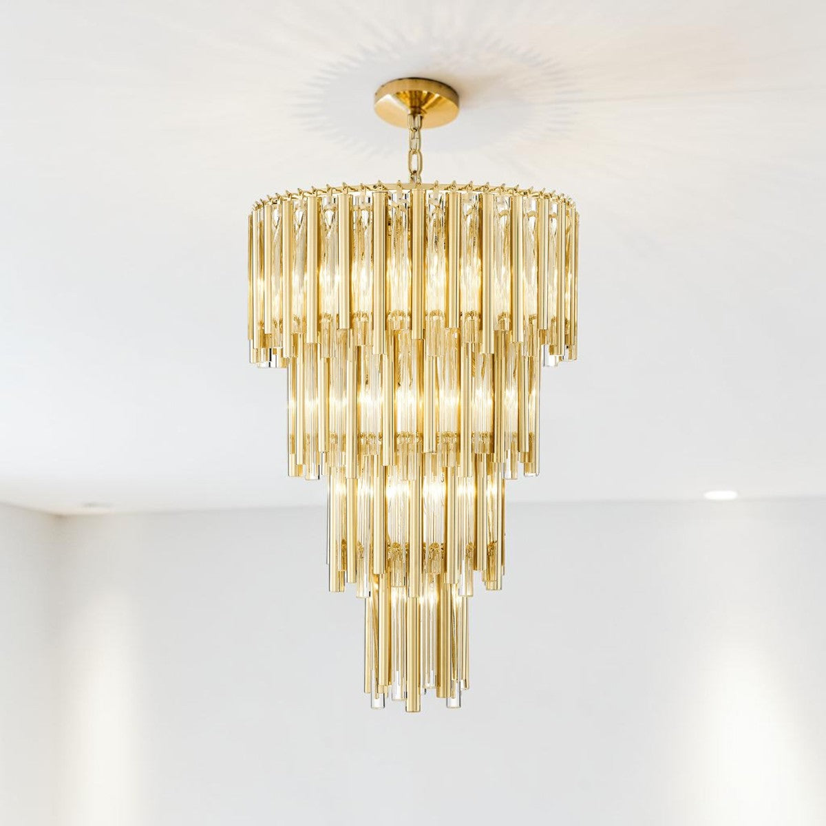 Ceiling Light Chandelier with Gold Finish Frame and Clear Glass Rods