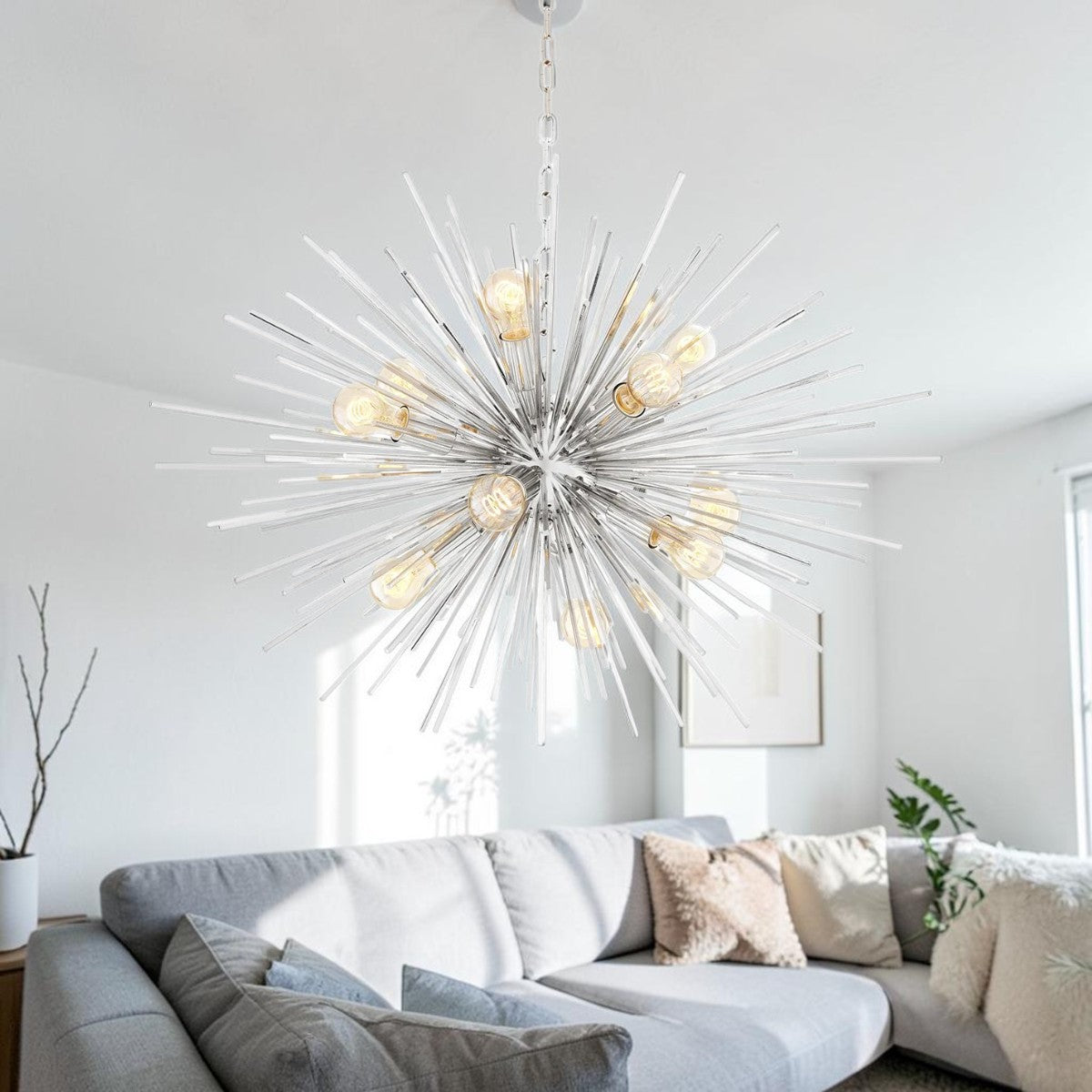 Starburst Nickel Finish, Ceiling Light Chandelier with Exposed Bulbs