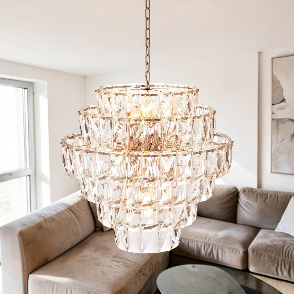 Multi Tier Crystal Glass, Ceiling Light Chandelier with Nickel Finish Frame