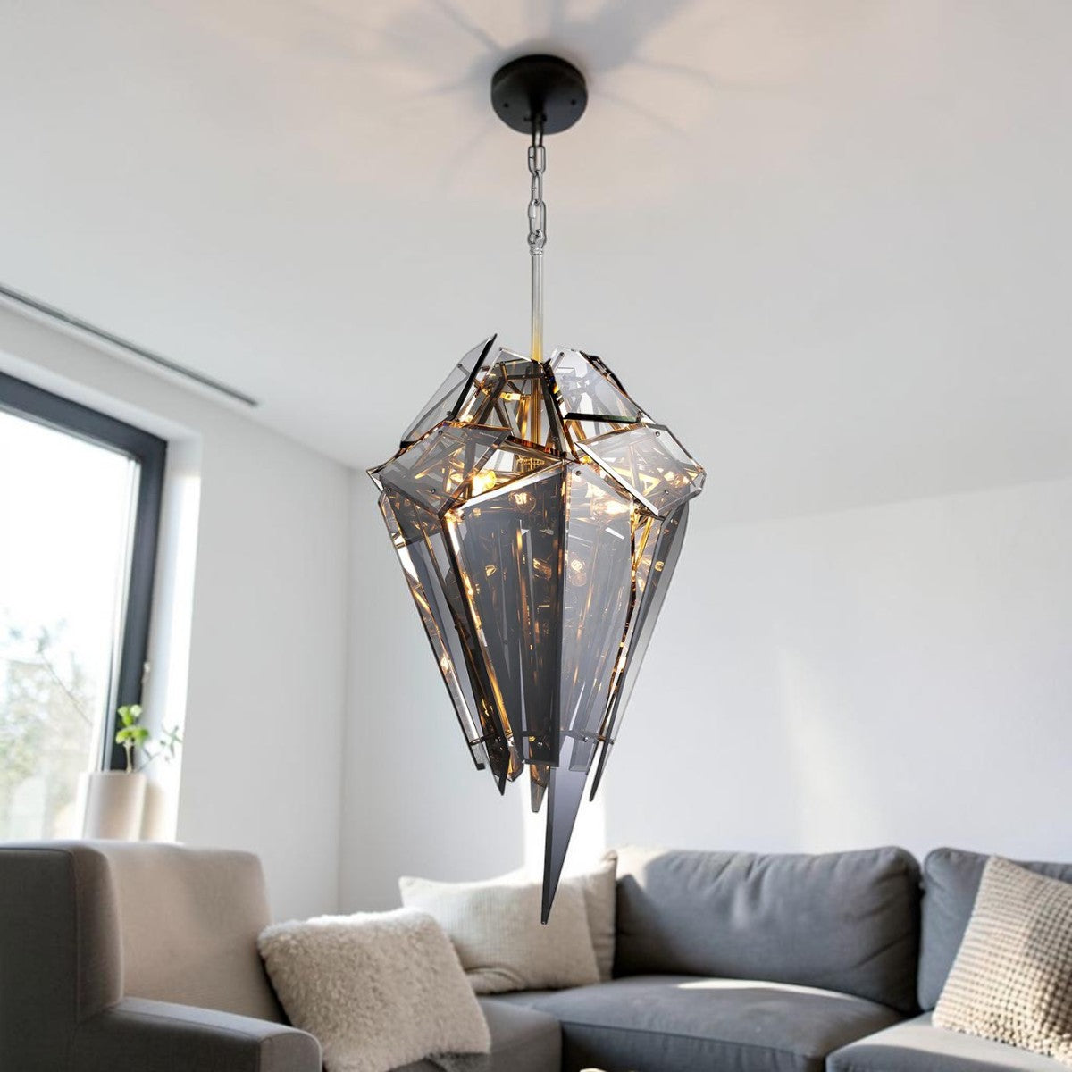 Geometric Smoke Glass, Ceiling Light Chandelier with Nickel Finish Frame