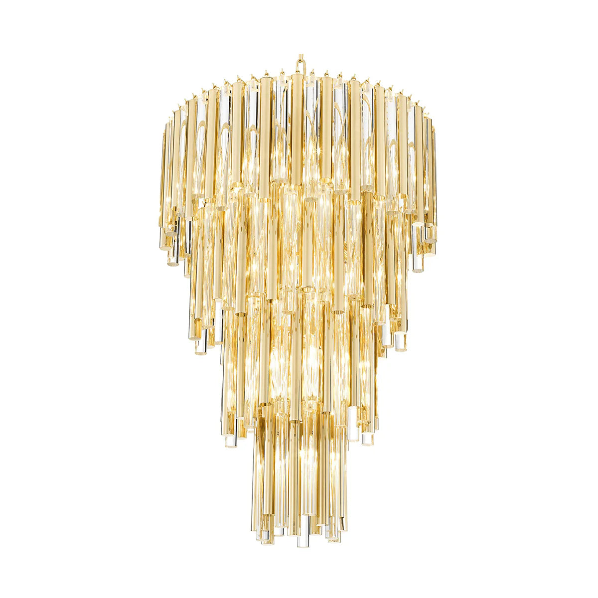 Ceiling Light Chandelier with Gold Finish Frame and Clear Glass Rods