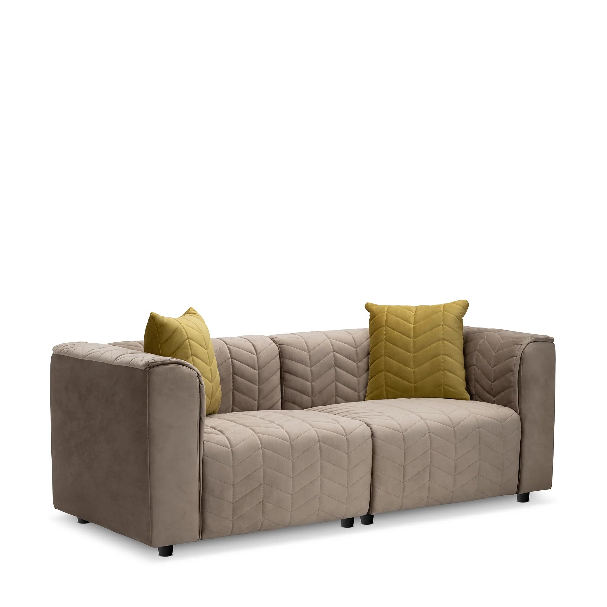Living Room Taupe Velvet Loveseat with Channel Tufting and Accent Pillows