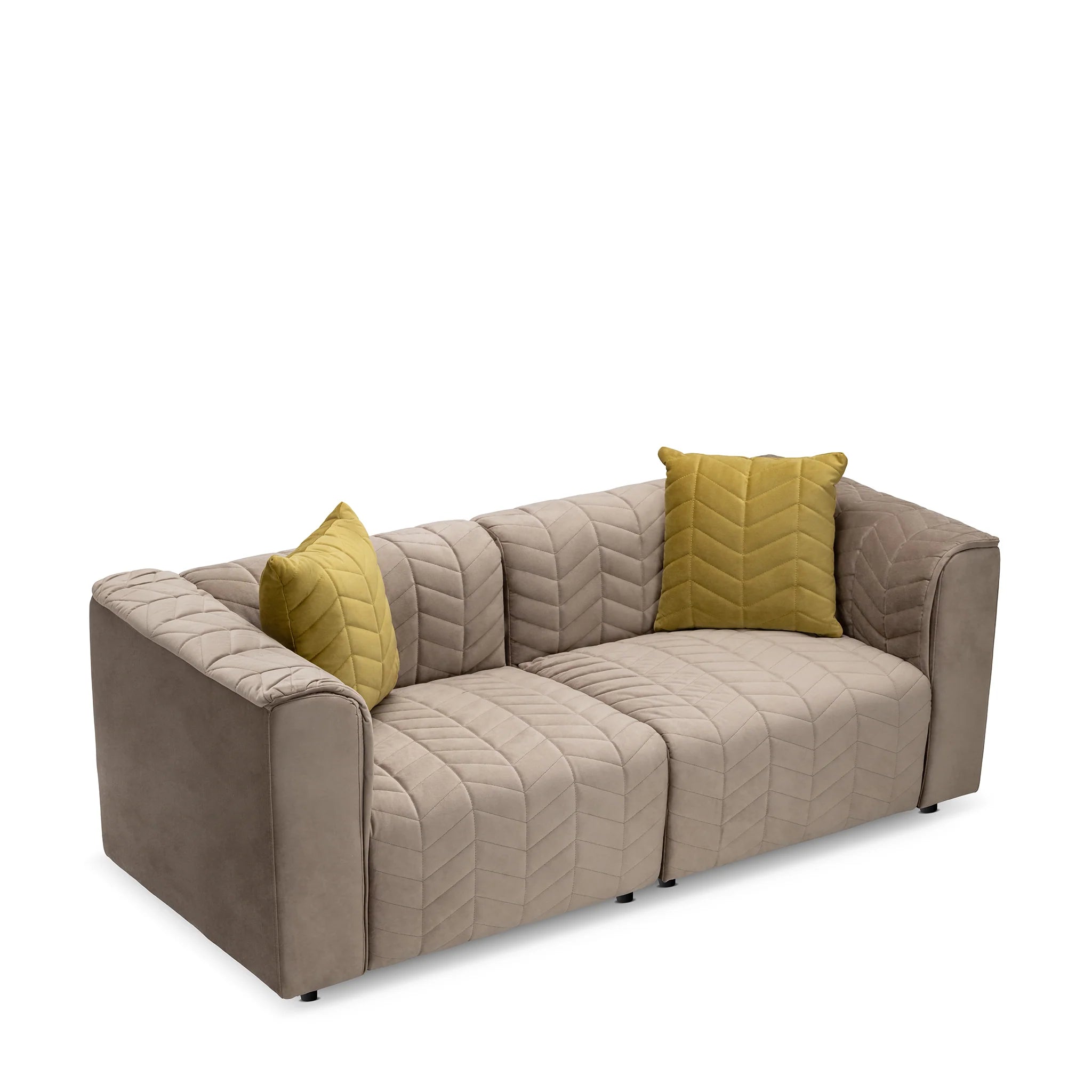 Living Room Taupe Velvet Loveseat with Channel Tufting and Accent Pillows