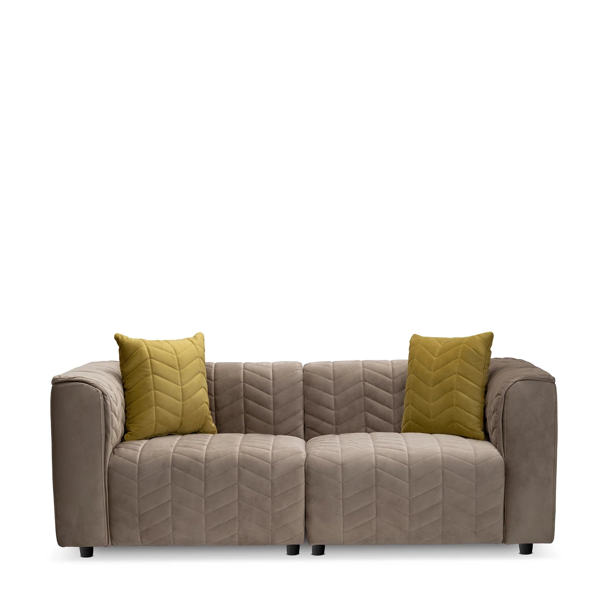 Living Room Taupe Velvet Loveseat with Channel Tufting and Accent Pillows