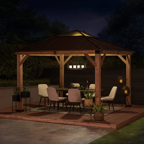 11 x 11 ft, Outdoor Wooden Gazebo with Metal Roof and Skylight Panel