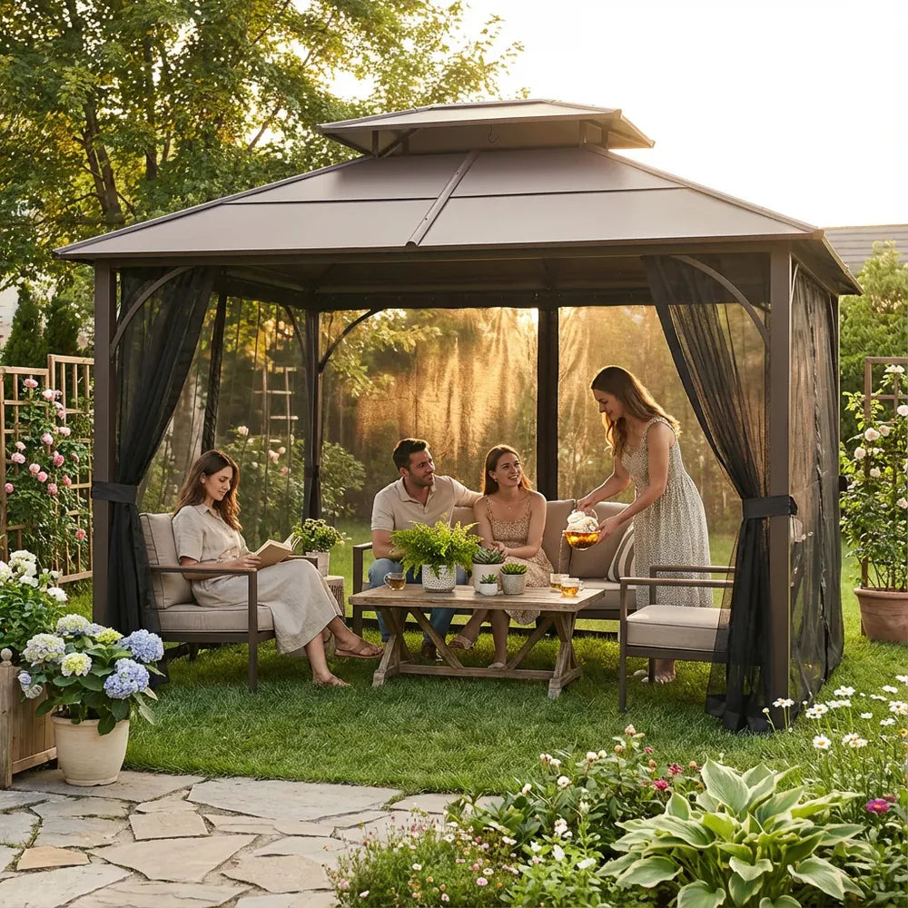 Outdoor Gazebo, 10 x 12 ft, Steel Hardtop Shelter with Netting