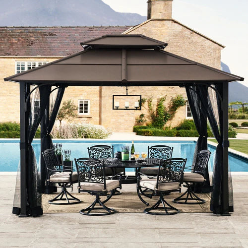 Outdoor Gazebo, 10 x 12 ft, Steel Hardtop Shelter with Netting