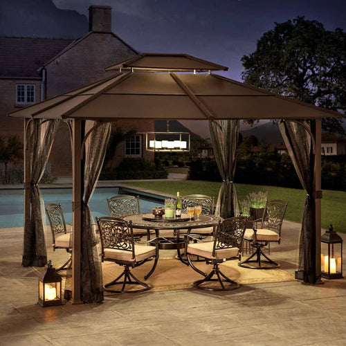 Outdoor Gazebo, 10 x 12 ft, Steel Hardtop Shelter with Netting