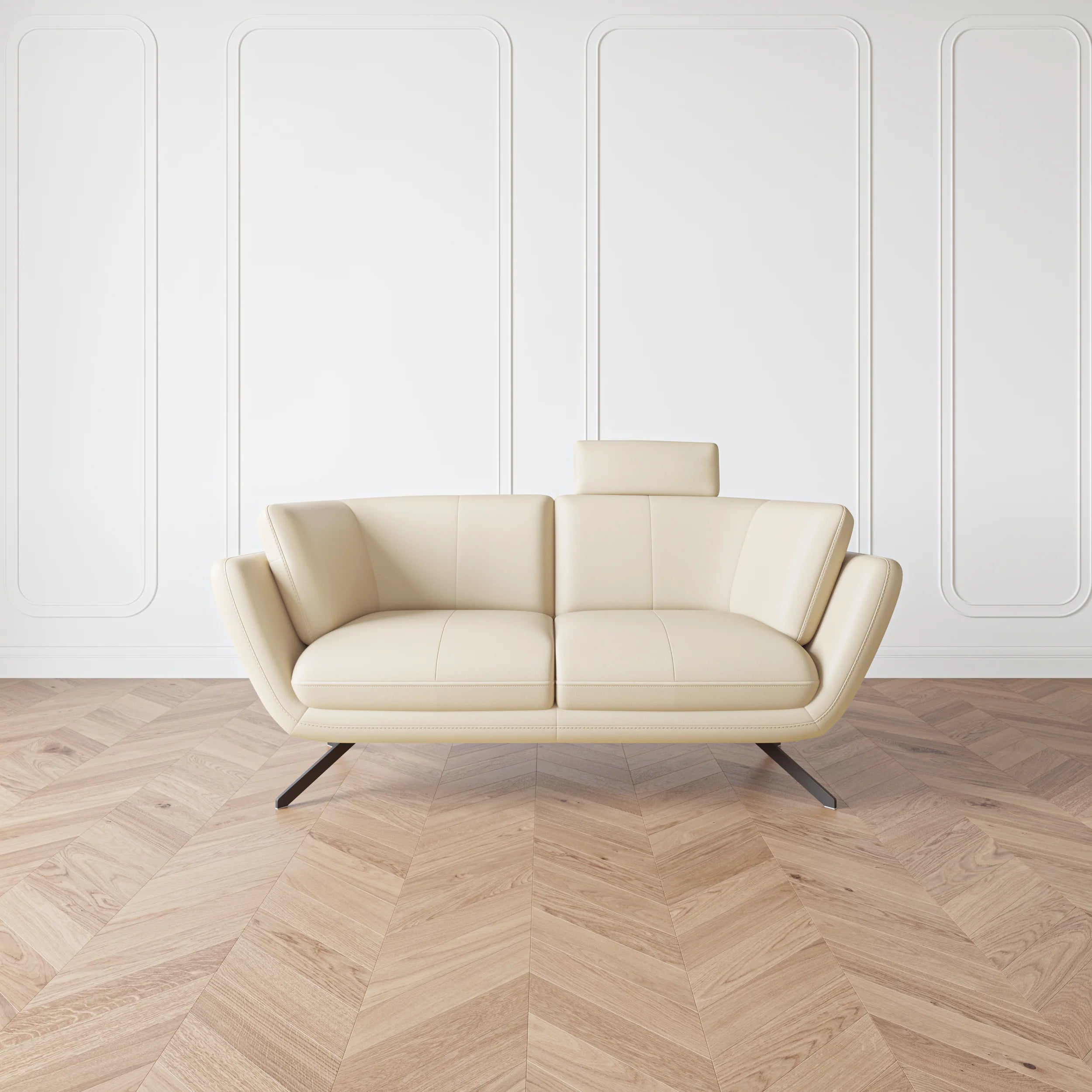 Living Room Cream Leather Loveseat with Adjustable Headrest and Metal Legs
