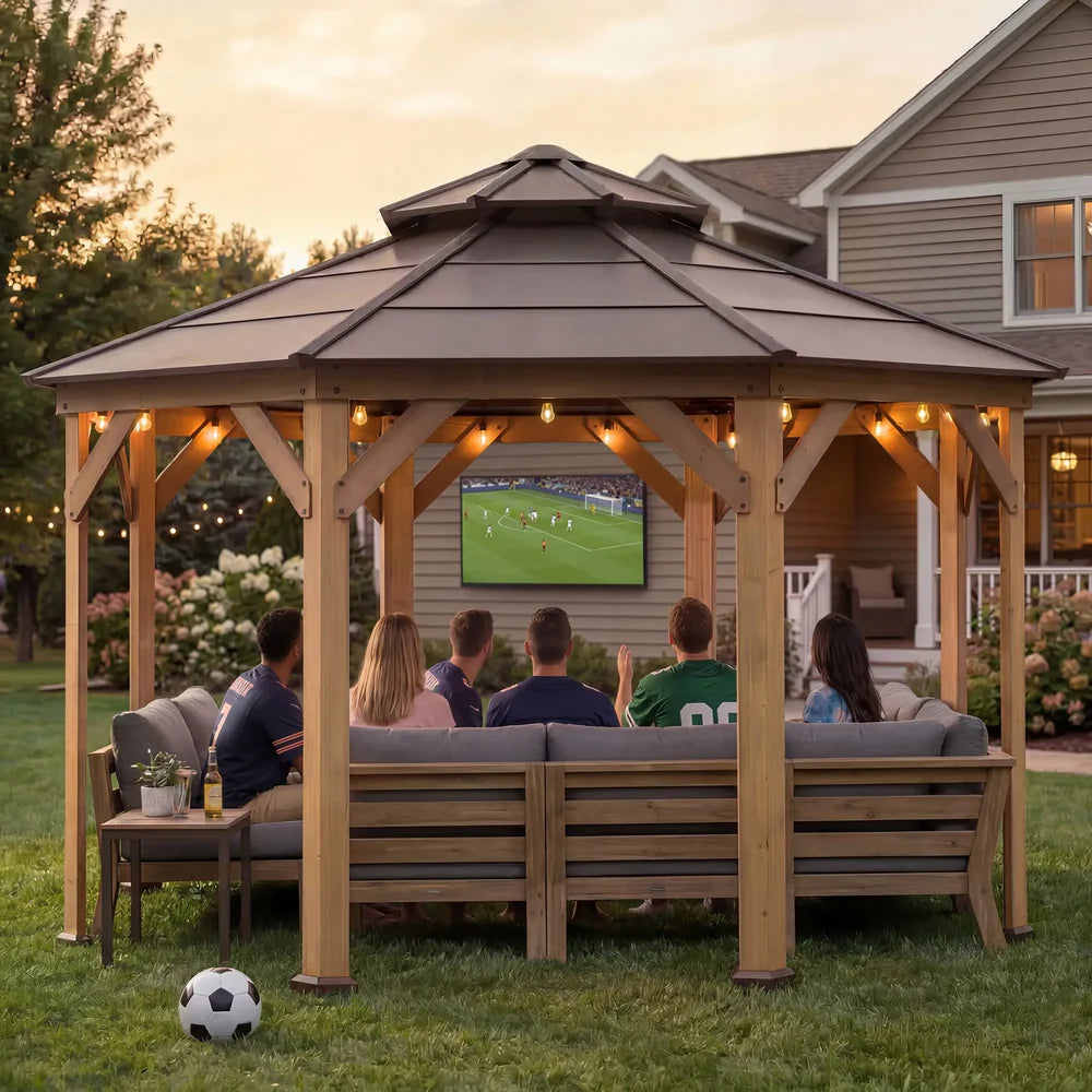 13 ft, Octagon Wooden Gazebo with Steel Roof and Ceiling Hook