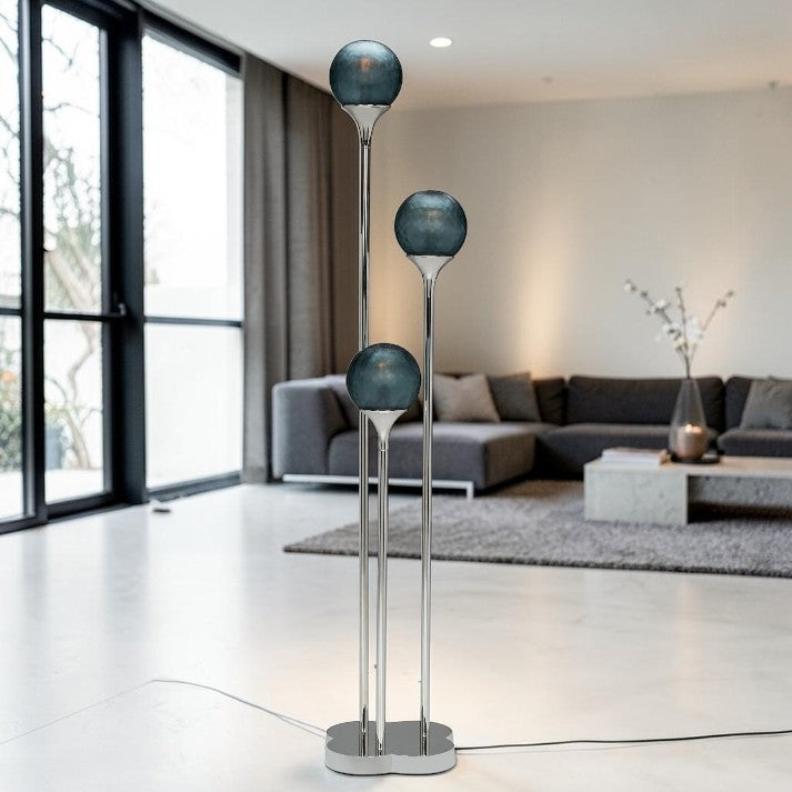 Polished Nickel, Floor Lamp with Blue Glass Globe Shades