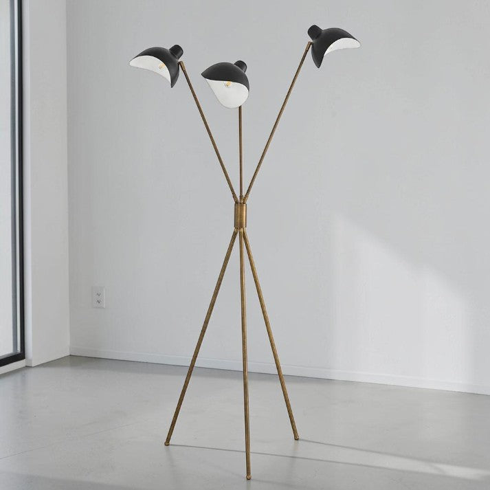 Mid Century Tripod Floor Lamp with Black Shades and Brass Finish