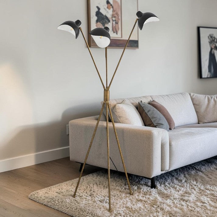 Mid Century Tripod Floor Lamp with Black Shades and Brass Finish