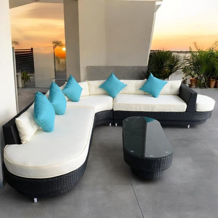 Outdoor Patio, Wicker Curved Sectional Sofa Set with Coffee Table, 4 Piece Lounge