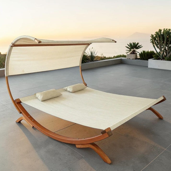 Outdoor Patio, Wooden Double Chaise Lounge with Canopy Shade