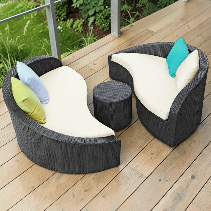 Outdoor Patio, Wicker Curved Sofa Set with Ottoman, 3 Piece Lounge