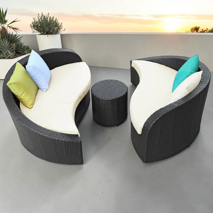 Outdoor Patio, Wicker Curved Sofa Set with Ottoman, 3 Piece Lounge