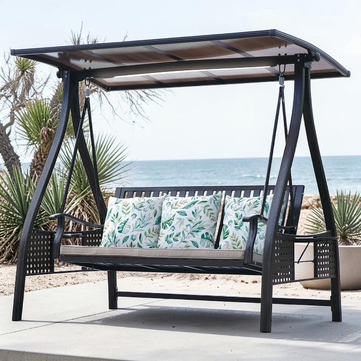 Outdoor Swing, 3 Seat Aluminum Patio Bench with Canopy and LED Light