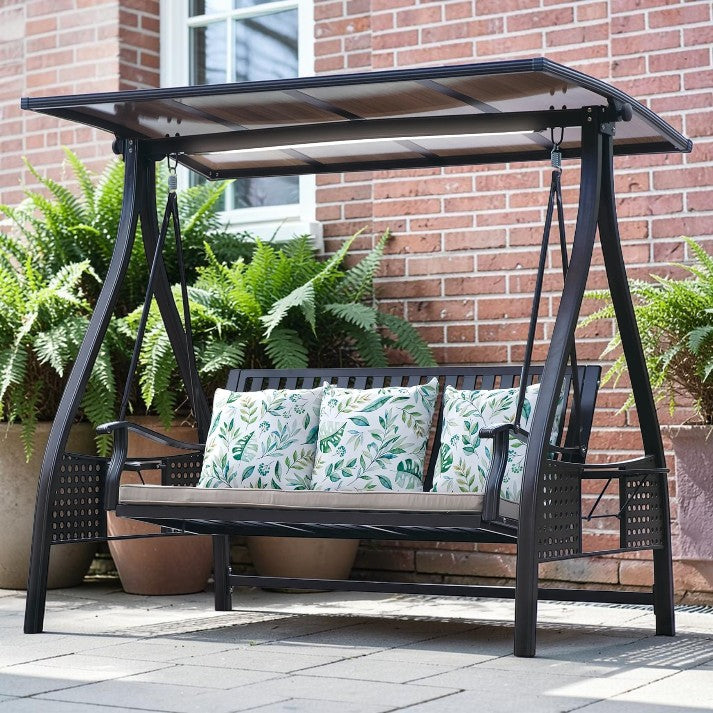 Outdoor Swing, 3 Seat Aluminum Patio Bench with Canopy and LED Light
