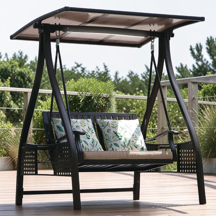 Outdoor Swing, 2 Seat Aluminum Patio Bench with Canopy and LED Light
