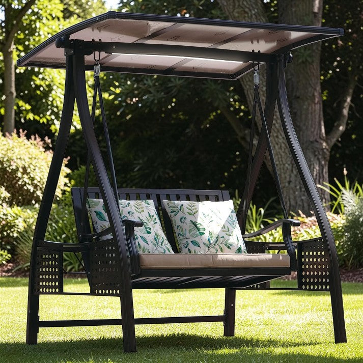 Outdoor Swing, 2 Seat Aluminum Patio Bench with Canopy and LED Light