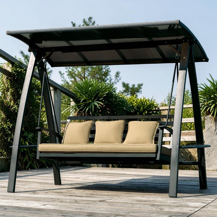 Outdoor Swing, 3 Seat Patio Bench with Canopy and Solar LED Light