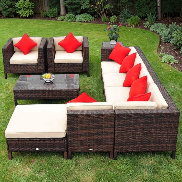 Outdoor Patio, Wicker Sectional Sofa Set with Coffee Table and Chairs, 9 Piece Seating Set