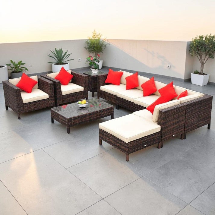 Outdoor Patio, Wicker Sectional Sofa Set with Coffee Table and Chairs, 9 Piece Seating Set