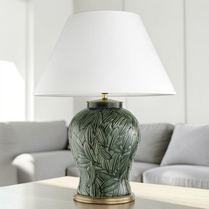 Botanical Green, Ceramic Table Lamps with Leaf Pattern Base