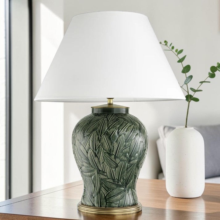 Botanical Green, Ceramic Table Lamps with Leaf Pattern Base