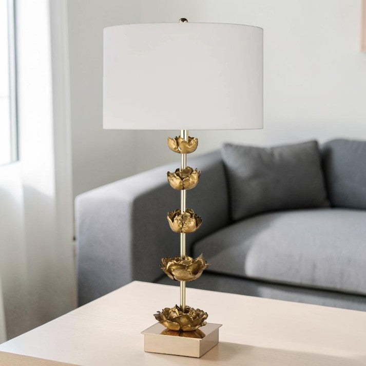 Gold Floral Table Lamps with Linen Drum Shade