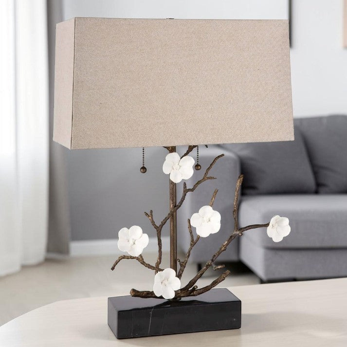 Floral Branch Table Lamps with Bronze Finish and Linen Shade