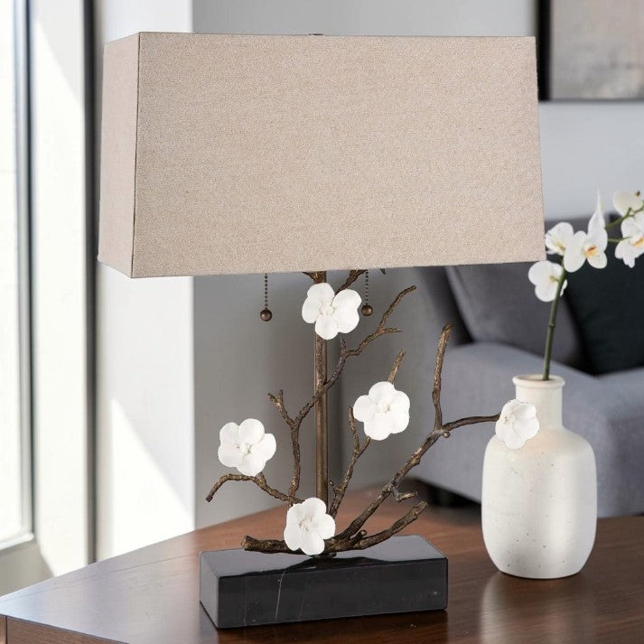 Floral Branch Table Lamps with Bronze Finish and Linen Shade