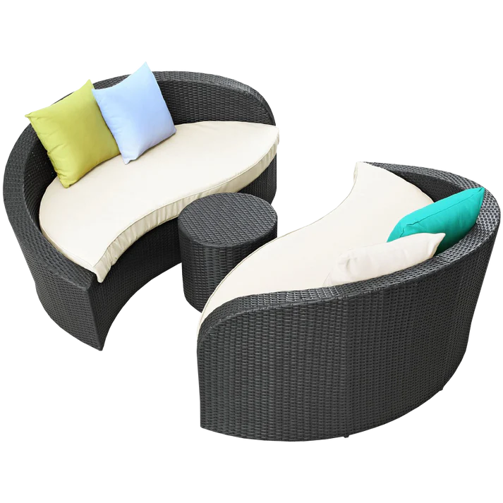 Outdoor Patio, Wicker Curved Sofa Set with Ottoman, 3 Piece Lounge