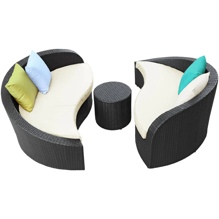 Outdoor Patio, Wicker Curved Sofa Set with Ottoman, 3 Piece Lounge