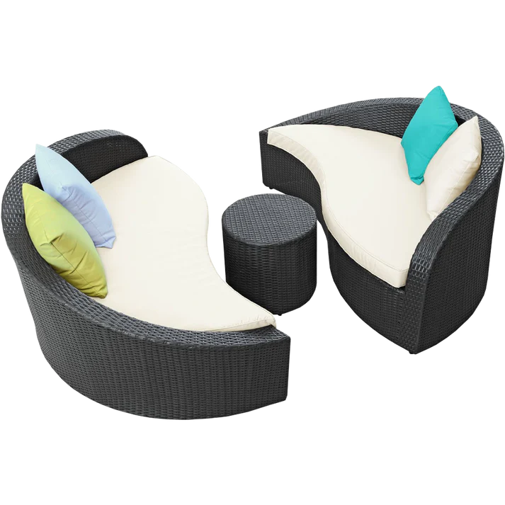 Outdoor Patio, Wicker Curved Sofa Set with Ottoman, 3 Piece Lounge